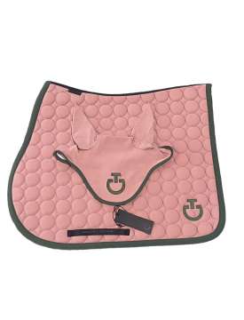 COMPLETO CAVALLERIA TOSCANA ROSA BORDO VERDE SOTTOSELLA E CUFFIA CAVALLERIA TOSCANA ROSA