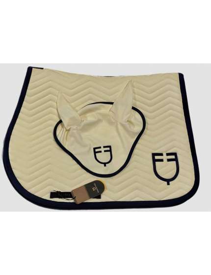 SOTTOSELLA E CUFFIA EQUESTRO PANNA BORDO BLU