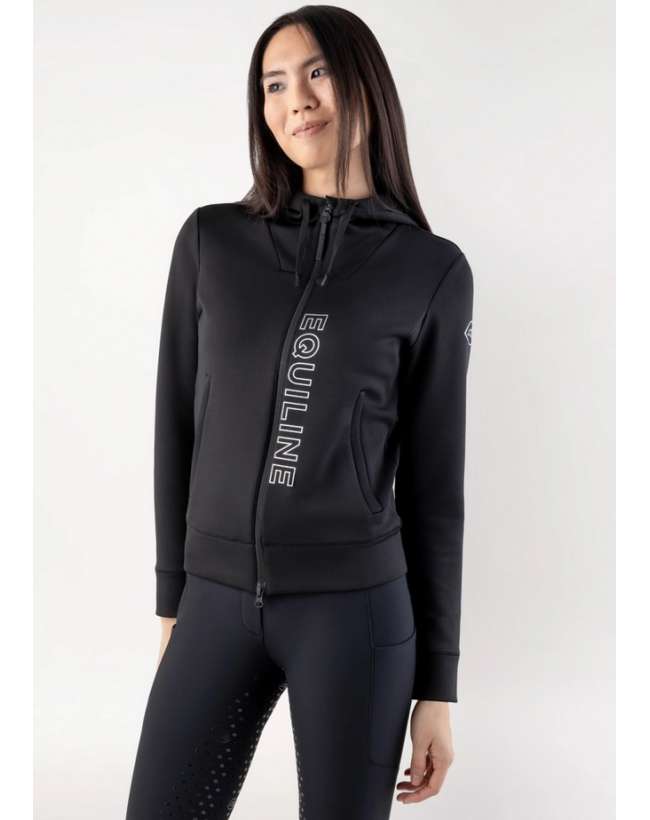 FELPA DONNA NERA EQUILINE CON ZIP E CAPPUCCIO