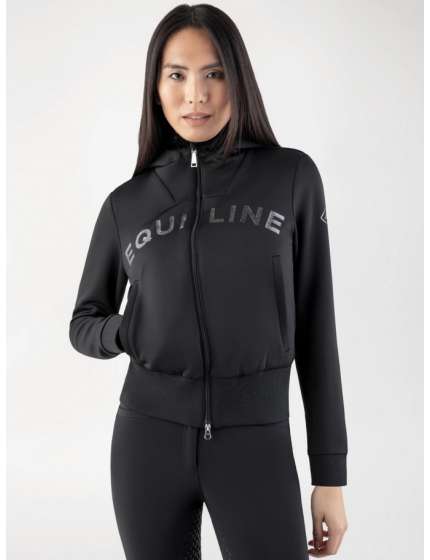 FELPA NERA DONNA EQUILINE CON PELLICCIA ECOLOGICA E LOGO GLITTERATO