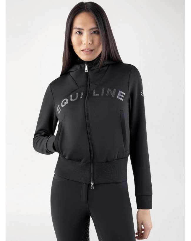 FELPA NERA DONNA EQUILINE CON PELLICCIA ECOLOGICA E LOGO GLITTERATO