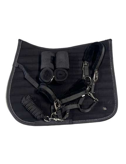 SET COORDINATO SOTTOSELLA VELLUTO CAVEZZA CON PELLICCIA E FASCE COMBINATE