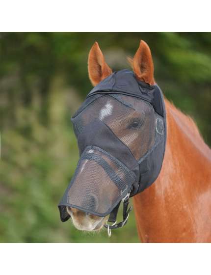 Maschera Antimosche Per Cavalli Shires Air Stream - Taglia XSmall Pony, Colore Nero - Protezione UV Con Orecchie E Naso A Rete Fine